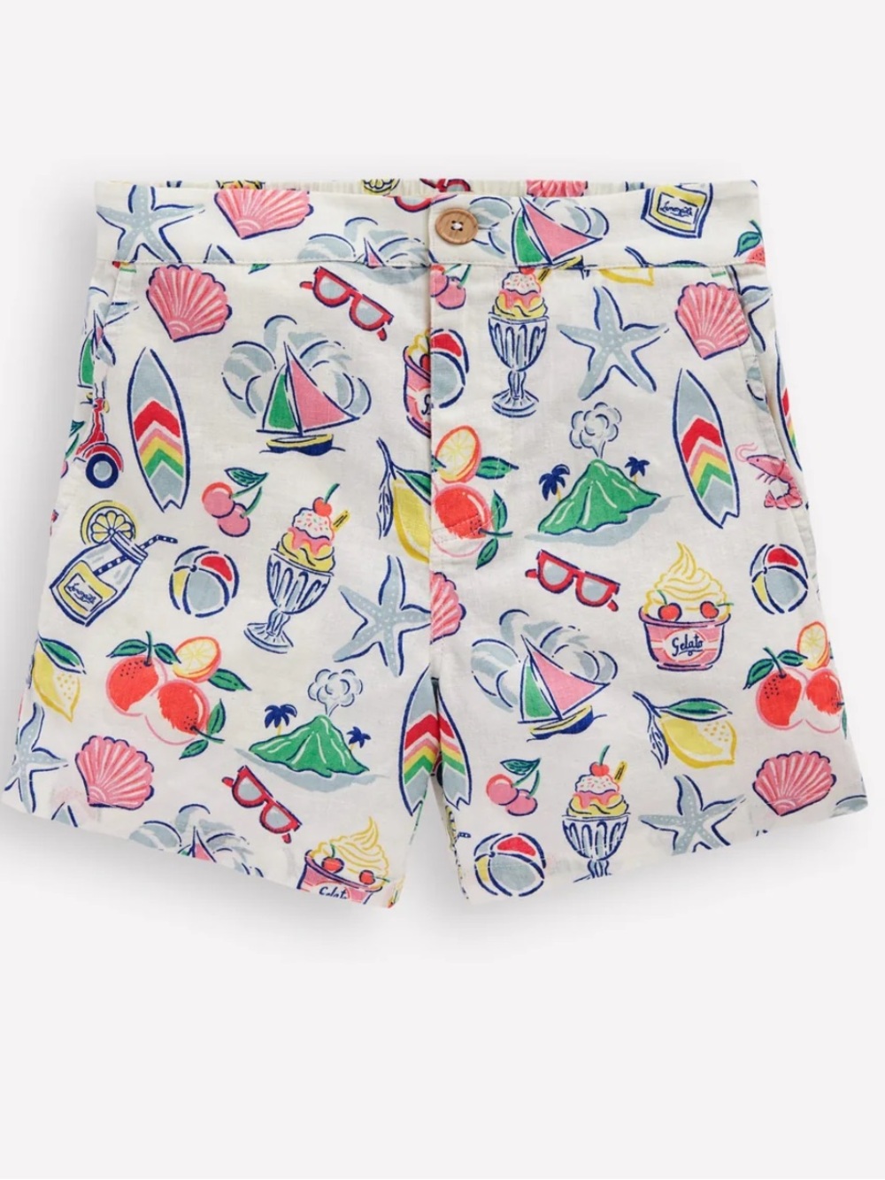 Mini Boden Cotton Linen Beach Print White Cotton Shorts